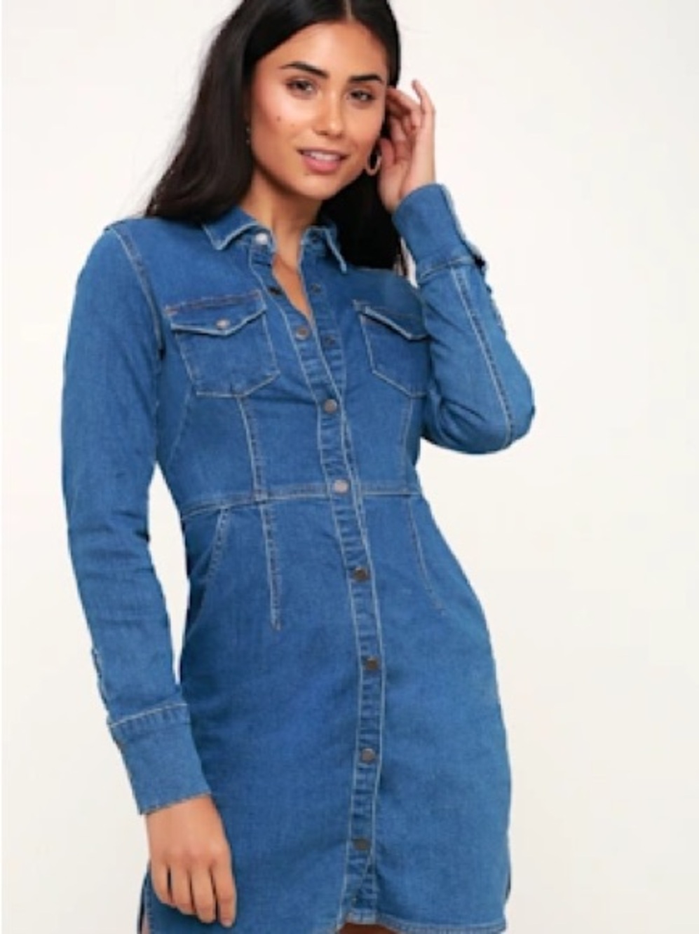 Free People Dynomite Medium wash denim stretchy long sleeve dress
